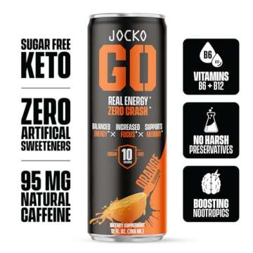 Jocko GO Energy Drink (Afterburner Orange) - KETO, Vitamin B12, Vitamin B6, Electrolytes, L Theanine, Magnesium- All Natural Energy Boost, Sugar Free Nootropic Monk Fruit Blend - 12 Pack