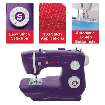 SINGER Simple 3337 Lightweight & Portable Sewing Machine With 108 Stitch Applications, LED Light & 1-step Buttonhole | Used for Crafting and Sewing - Purple