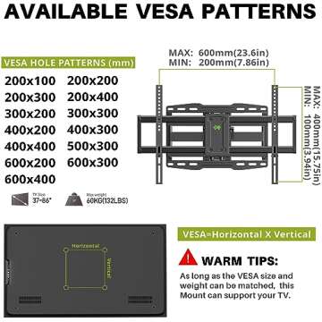 USX Mount UL Listed Full Motion TV Wall Mount for Most 37-86 inch TV, Swivel and Tilt Mount with Dual Articulating Arms Up to 132lbs, VESA 600x400mm, 16" Wood Studs, XML019