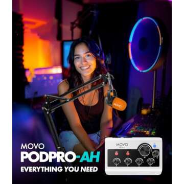 Movo Portable Podcast Equipment Bundle for iPhone/Android Phones- Podcast Kit with Audio Interface, 2 CastMic Dynamic Mics, 2 Headphones, 2 Boom Arms - for Smartphones, Computers, PC and Mac