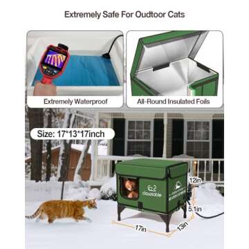 Clawsable Indestructible Heated Cat House for Outdoor Cats in Winter, Extremely Waterproof, Fully Insulated Outside Feral Cat House Shelter for Stray Barn Cat (Bush Green, S-13"x17"x17")