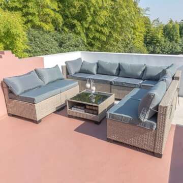 Aug-guan 9-Piece Patio Furniture Set, All-Weather Boho Outdoor Conversation Set Sectional Sofa with Water Resistant Grey Thick Cushions and Storage Table for Yard,Lawn,Garden（Grey）