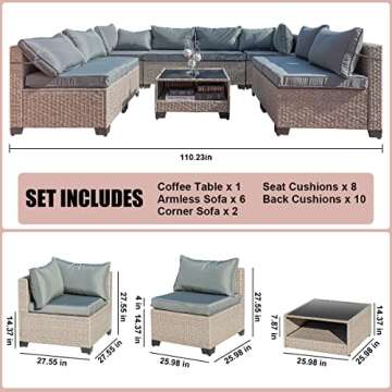 Aug-guan 9-Piece Patio Furniture Set, All-Weather Boho Outdoor Conversation Set Sectional Sofa with Water Resistant Grey Thick Cushions and Storage Table for Yard,Lawn,Garden（Grey）