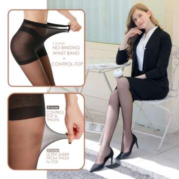 G&Y 3 Pairs Women's Sheer Tights - 20D Control Top Pantyhose with Reinforced Toes(Black, M)