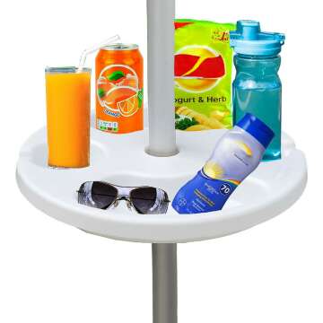 AMMSUN 13" Beach Umbrella Table Tray for Beach, Patio, Garden, Swimming Pool with Cup Holders, Snack Compartments White