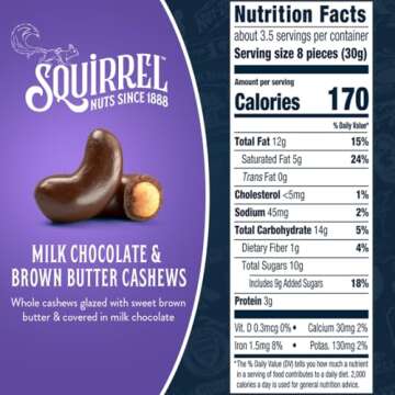 Squirrel Brand Milk Chocolate & Brown Butter Cashews - 3.5 Oz Resealable Bag, Gluten Free, Adults & Kids Snack