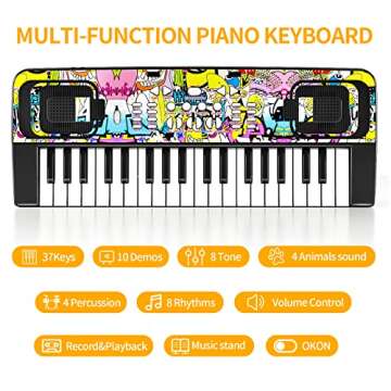 Jovow Keyboard Piano for Kids, 37 Keys Portable Electronic Piano with Music Book Bracket & Microphone, Multifunction Educational Musical Toys for Beginners 3-8 Girls and Boys