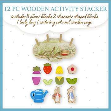 KIDS PREFERRED Peter Rabbit Garden Wooden Montessori Activity Stacker with 12 Wooden Interactive Pieces for Babies, Toddlers and Kids Based on The Beatrix Potter Books