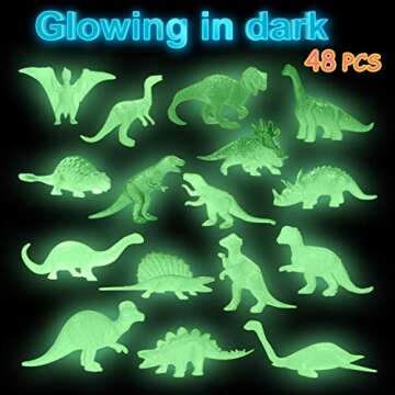 48Pcs Glow in Dark Mini Dinosaur Figures Birthday Party Favors Supplies Dino Cupcake Toppers Goodie Bags Stuffers Pinata Filler Classroom Prizes Treasure Toy Class Valentines Day Gifts Kid Boy Girl