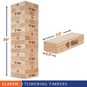 Rally and Roar Towering Timbers Giant Tumbling Timbers Game 2.5 feet Tall (Build to Over 5 feet) Classic Wood Version - for Adults, Family Stacking Blocks Set w/Canvas Bag