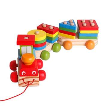 SHIERDU Children's Wooden Building Block Train Toy Shape sorter and Stacking Game for Toddlers Montessori Benefit Intellectual pre-School Education Pull Toy