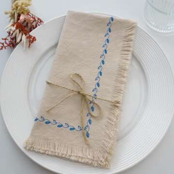 Ayuzawa Embroidered Handmade Cloth Napkins，Thickened Cotton Cloth Napkins with Fringe，Kitchen Dining Tabletop Decoration，for Dinners, Parties, Weddings 18 x 18 Inch Set of 4 - Beige