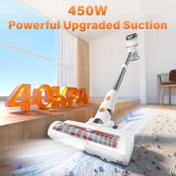 Tikom Cordless Vacuum Cleaner for Home, 40000Pa/450W Stick Vacuum with LED Touch Screen, Charging Wall Dock, Anti-Tangle, Lightweight Handheld Vacuum for Pet Hair, Hard Floor, Carpet (V500)