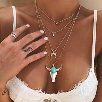 Ladywowu Boho Turquoise Necklace, Western Jewelry for Women, Hip Hop Charm White Bull Necklace for Men, Punk Masculine Skull Jewelry Turquoise Necklace Western Long, Vintage Gold Tone Unisex Necklace