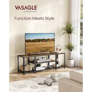 VASAGLE Modern TV Stand for TVs up to 65 Inches, 3-Tier Entertainment Center, Industrial TV Console Table with Open Storage Shelves, for Living Room, Bedroom, Rustic Brown and Black ULTV097B01