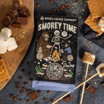 Bones Coffee Company S'morey Time Ground Coffee Beans, S'mores and Graham Crackers Flavor, Low Acid Flavored Coffee, Made with Arabica Coffee Beans, Medium Roast Gourmet Coffee (12 oz)