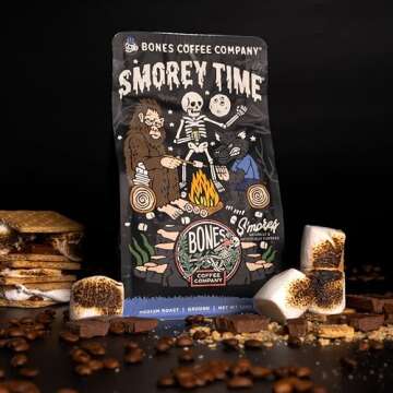 Bones Coffee Company S'morey Time Ground Coffee Beans, S'mores and Graham Crackers Flavor, Low Acid Flavored Coffee, Made with Arabica Coffee Beans, Medium Roast Gourmet Coffee (12 oz)