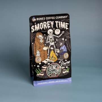 Bones Coffee Company S'morey Time Ground Coffee Beans, S'mores and Graham Crackers Flavor, Low Acid Flavored Coffee, Made with Arabica Coffee Beans, Medium Roast Gourmet Coffee (12 oz)