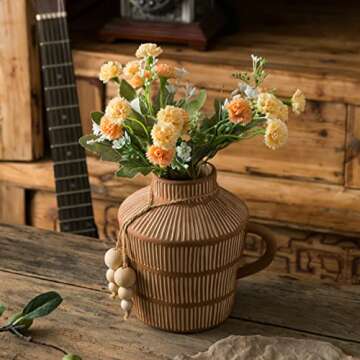 Mowtanco Rustic Farmhouse Vase with Handle and Boho Wooden Beads, Vertical Stripes Terracotta Vase Clay Vase - Ceramic Flower Vase for Vintage Home Décor, Shelf, Table, Bookshelf, Mantle, Entryway