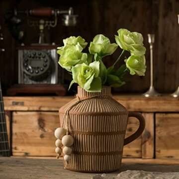 Mowtanco Rustic Farmhouse Vase with Handle and Boho Wooden Beads, Vertical Stripes Terracotta Vase Clay Vase - Ceramic Flower Vase for Vintage Home Décor, Shelf, Table, Bookshelf, Mantle, Entryway