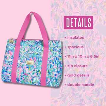 Lilly Pulitzer Cute Lunch Bag for Women, Large Capacity Insulated Tote Bag, Blue Mini Cooler with Storage Pocket and Shoulder Straps, Cabana Cocktail