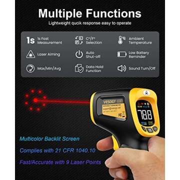 Infrared Thermometer Temperature Gun -58°F ~932°F, Digital Laser Thermometer Gun for Cooking, Pizza Oven, Grill & Engine, IR Thermometer Temp Gun with Adjustable Emissivity & Max-Min Measure