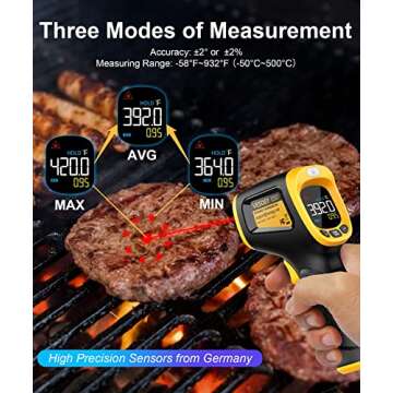 Infrared Thermometer Temperature Gun -58°F ~932°F, Digital Laser Thermometer Gun for Cooking, Pizza Oven, Grill & Engine, IR Thermometer Temp Gun with Adjustable Emissivity & Max-Min Measure