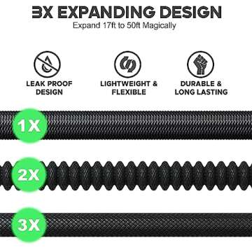 Expandable Garden Hose 50 ft with 10 Function Nozzle Sprayer, Lightweight Flexible Water Hose with Durable Collapsible Latex Core & Solid Brass Fittings, 50ft Retractable Stretch Hose, Black