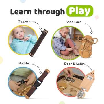 deMoca Busy Board Montessori Toys for Toddlers, Sensory Wooden Toy with 10 Educational Activities to Develop Fine Motor Skills, Plane and Car Travel Toy for Toddlers Boys and Girls