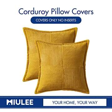 MIULEE Mustard Yellow Pillow Covers 18x18 Inch with Splicing Set of 2 Super Soft Boho Striped Corduroy Pillow Covers Broadside Decorative Textured Throw Pillows for Fall Couch Cushion Livingroom