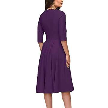 Women's Elegance Audrey Hepburn Style Ruched Dress Round Neck 3/4 Sleeve Swing Midi A-line Dresses Purple