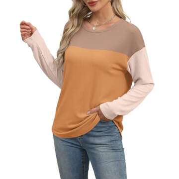 WIHOLL Tunic Tops to Wear with Leggings Womens Round Neck Color Block Long Sleeve Tops Fall Winter Knitted Ribbed Curved Hem Shirts Orange Khaki S