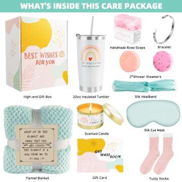 Get Well Soon Gifts for Women, 12 Pcs Care Package Get Well Gift Basket for Sick Friends After Surgery, Feel Better Self Care Gift, Sympathy Gifts Thinking of you Box for Women Mom Her w/Cyan Blanket