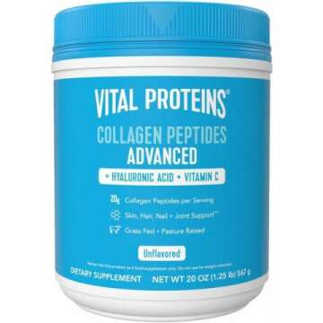 Vital Proteins Collagen Peptides Powder with Hyaluronic Acid and Vitamin C, Unflavored, 20 oz