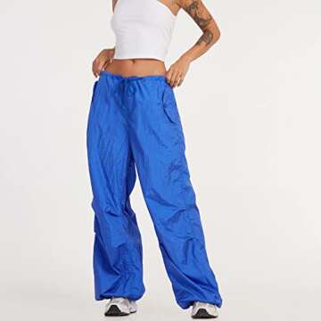 WOBONIU Women Low Waist Baggy Cargo Pants Indie Aesthetic Drawstring Loose Pocket Jogger Trousers Hippie Punk Streetwear(Blue, Small)