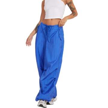 WOBONIU Women Low Waist Baggy Cargo Pants Indie Aesthetic Drawstring Loose Pocket Jogger Trousers Hippie Punk Streetwear(Blue, Small)