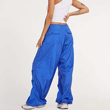 WOBONIU Women Low Waist Baggy Cargo Pants Indie Aesthetic Drawstring Loose Pocket Jogger Trousers Hippie Punk Streetwear(Blue, Small)