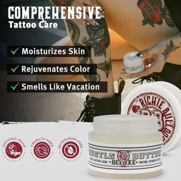 Hustle Butter Tattoo Aftercare 5oz At Home and 1oz Travel Sized Tattoo Balm, Use While Healing New Tattoos and To Rejuvenate Older Tattoos - 100% Vegan Tattoo Cream