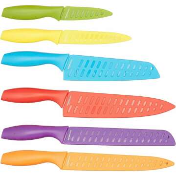 Amazon Basics Color-Coded Kitchen 12-Piece Knife Set, 6 Knives with 6 Blade Guards, Multicolor, 13.88 x 4.13 x 1.38 inch