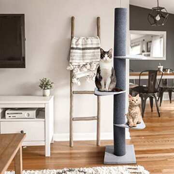 Max & Marlow Modern Three-Tier Cat Tree (90"-108") | Adjustable, Floor-to-Ceiling, Multi-Level Cat Tower | Great for Climbing, Perching or Scratching | Fits 7.5-9 Feet Ceiling Heights, Grey (4310301)