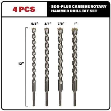 Sabre Tools 4-Piece 12 Inch SDS Plus Drill Bit Set, Carbide Tipped, Rotary Hammer Drill Bits for Brick, Stone, Concrete (5/8" x 12", 3/4" x 12", 7/8" x 12", 1" x 12")