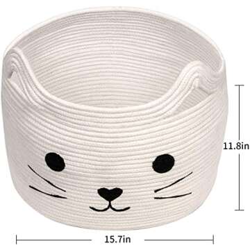 HiChen Large Woven Cotton Rope Storage Basket, Baby Laundry Basket Organizer for Towels, Blanket, Toys, Clothes, Gifts | Pet Gift Basket for Cat, Dog - 15.7" L×11.8" H