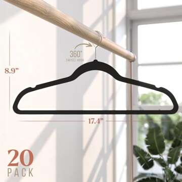 Black Velvet Hangers 20 Pack - Clothes Hangers Non Slip Felt Hangers - Durable Coat Hanger, Slim Design for Space Saving Hangers - Pants, Suits Or Sweater Hangers - Ganchos para Colgar Ropa Hangars