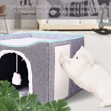 ROMANTIC BEAR Cat Beds for Indoor Cats -Foldable Cat Cube Cave House with Removable Sisal Rope Cat Scratcher and Fluffy Ball Hanging for Kitty Play, Cat House Cat Kitten Shelter with Warm Plush Bed