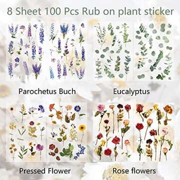 Morld 4 Pack Vintage Rub On Flowers Stickers - 100 Pcs Plant Deco Sticker for Journaling, Bullet Dairy, Scrapbooking, Planners, Nature Journal, Calendar, Rero Paper Crafting Projects …