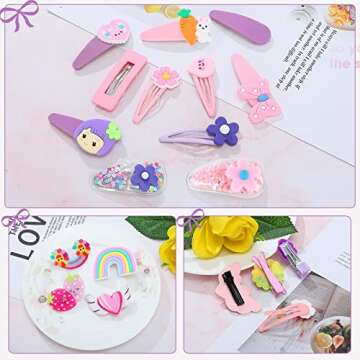 28 Pcs Fashion Hair Clips Cute Hair Accessories Mix Colorful Set Non-slip Flower Fruit Candy Rainbow Hair Pins Hair Barrettes Set for Girls Baby Girls Kids Teens (Pink and Purple)