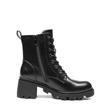 DREAM PAIRS Women's Black Combat Ankle Boots with Chunky Heel