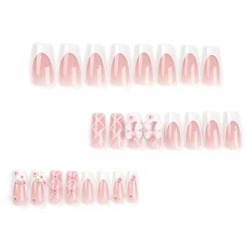 Nail Apparel Y2K Long Coffin Cute Kawaii Press on Nails 3D Glitter Rhinestone Heart Pearl Bow Long Ballet Trapezoid Fake Nails 24Pcs (Long White French Pink Bow Flower)