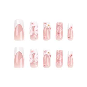 Nail Apparel Y2K Long Coffin Cute Kawaii Press on Nails 3D Glitter Rhinestone Heart Pearl Bow Long Ballet Trapezoid Fake Nails 24Pcs (Long White French Pink Bow Flower)