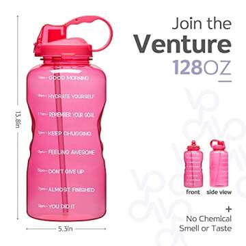 Venture Pal Large 1 Gallon/128 OZ (When Full) Motivational BPA Free Leakproof Water Bottle with Straw & Time Marker Perfect for Fitness Gym Camping Outdoor Sports-Pink